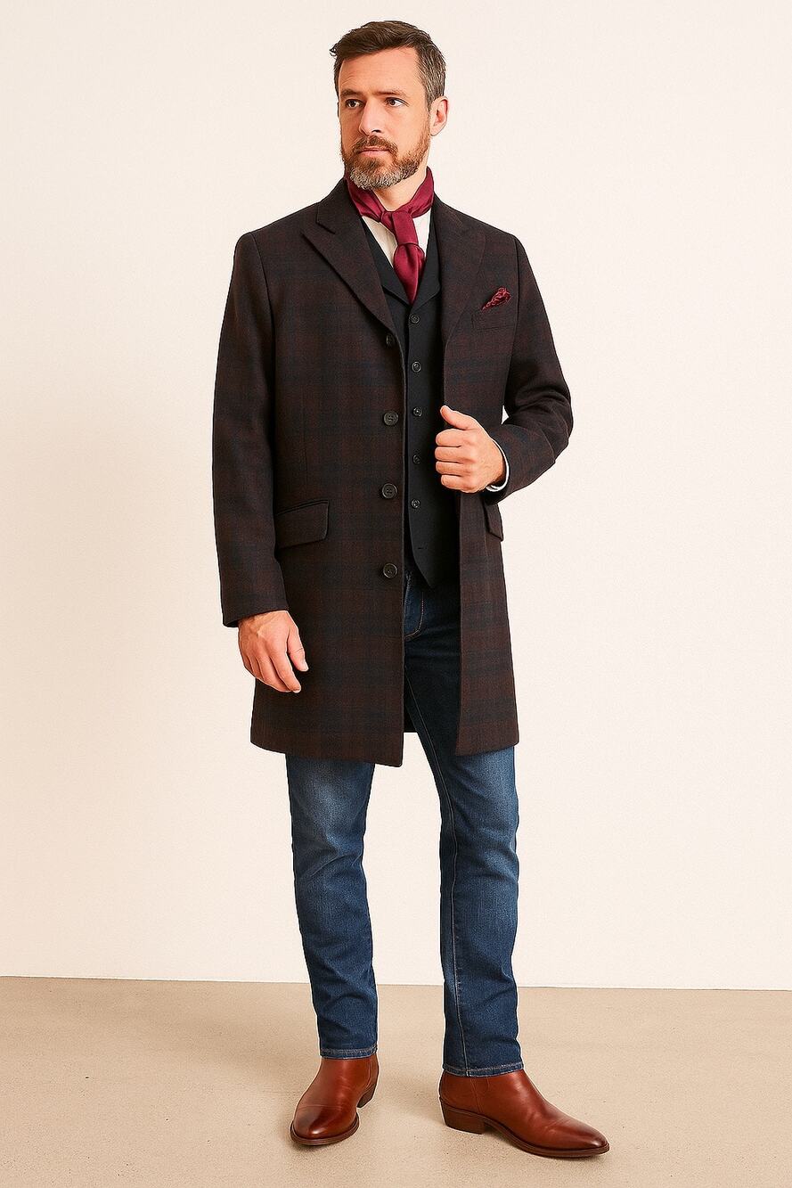 New Frontier Men’s Town Coat Burgundy Plaid Wool Long Jacket USA Western 50